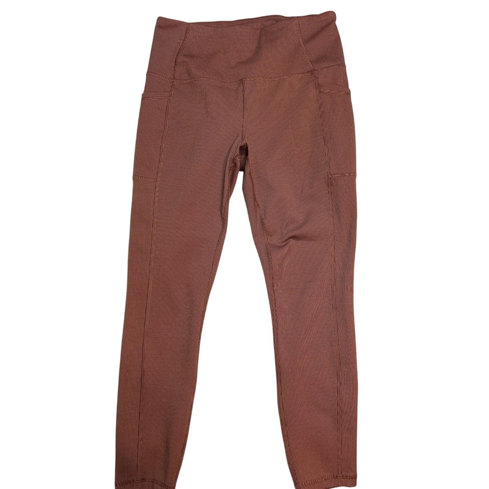 RBX Activewear Ribbed High Waisted Pocket Leggings Mauve Terracotta Size L